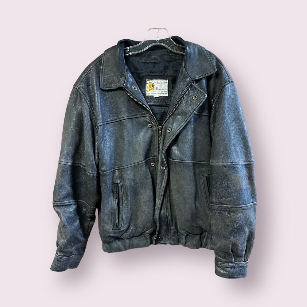 Vintage W.B. place Men’s Black Distressed Leather Bomber Full Zip Jacket Size M